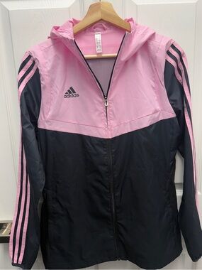 Adidas Pink and Grey Women’s Hooded Windbreaker Track Jacket NWOT Small